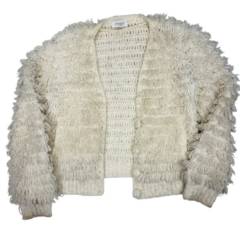 Vintage Accessory Lady Shaggy Fringe Cardigan Cream‎ Knit Open Front Women's M